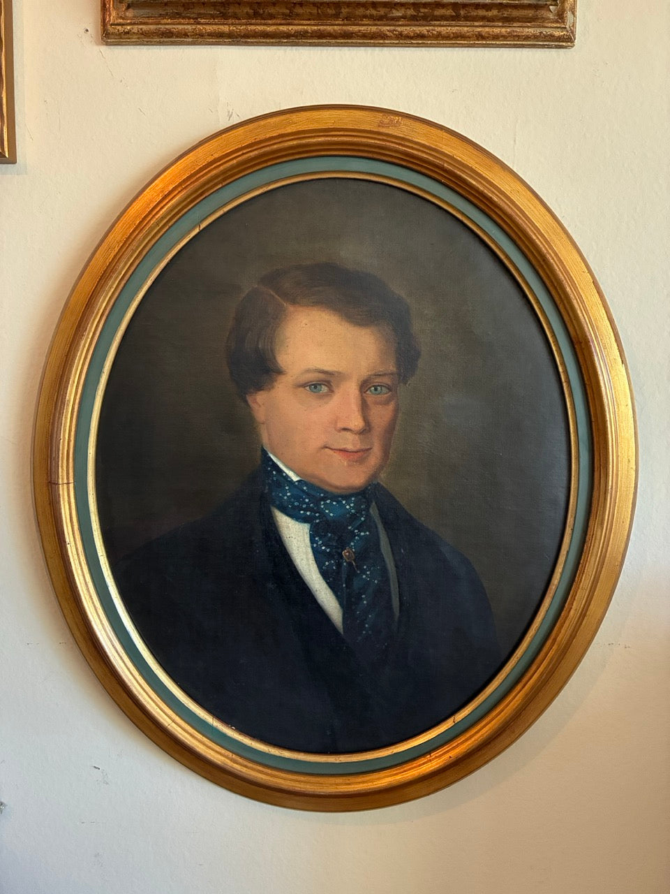 Antique 19th-Century French Oval Gentleman Portrait with Blue Eyes and Blue Cravat