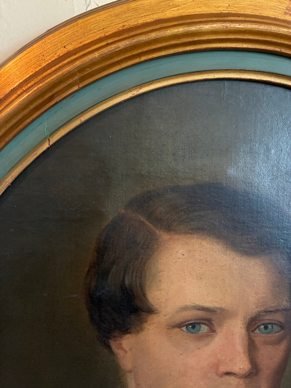 Antique 19th-Century French Oval Gentleman Portrait with Blue Eyes and Blue Cravat