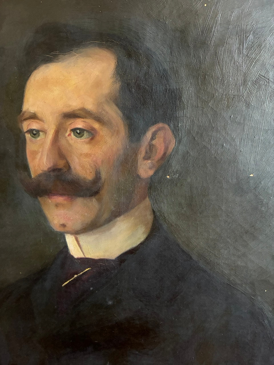 Large Antique French Mustached Gentleman Oil Portrait