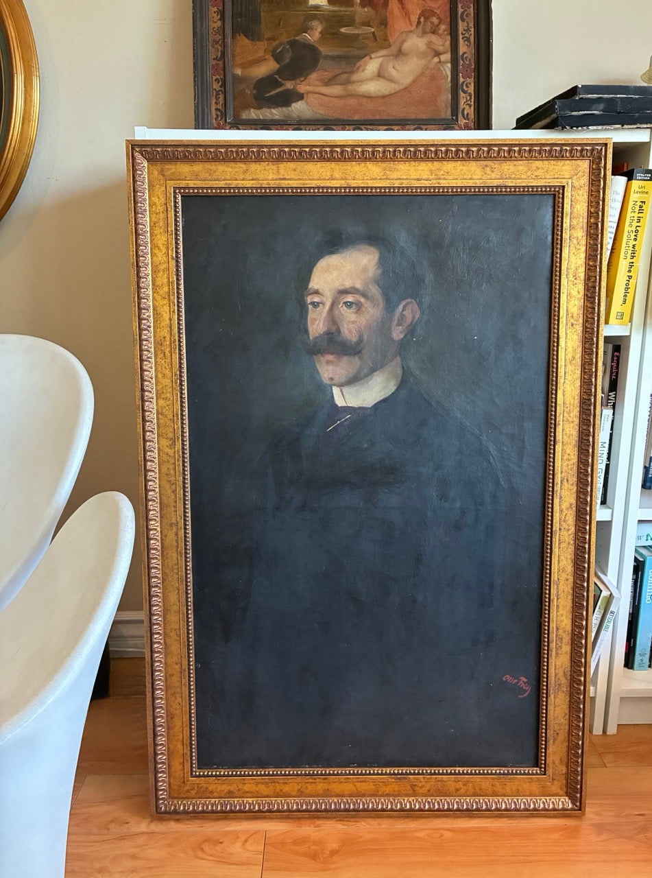 Large Antique French Mustached Gentleman Oil Portrait