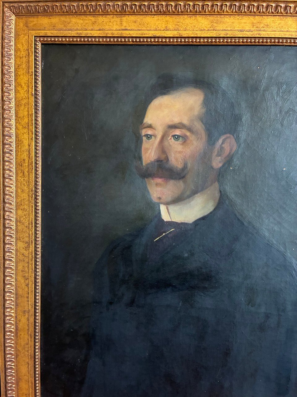 Large Antique French Mustached Gentleman Oil Portrait