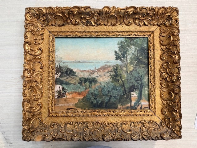 French Seaside Village Landscape with Ornate Gilt Frame