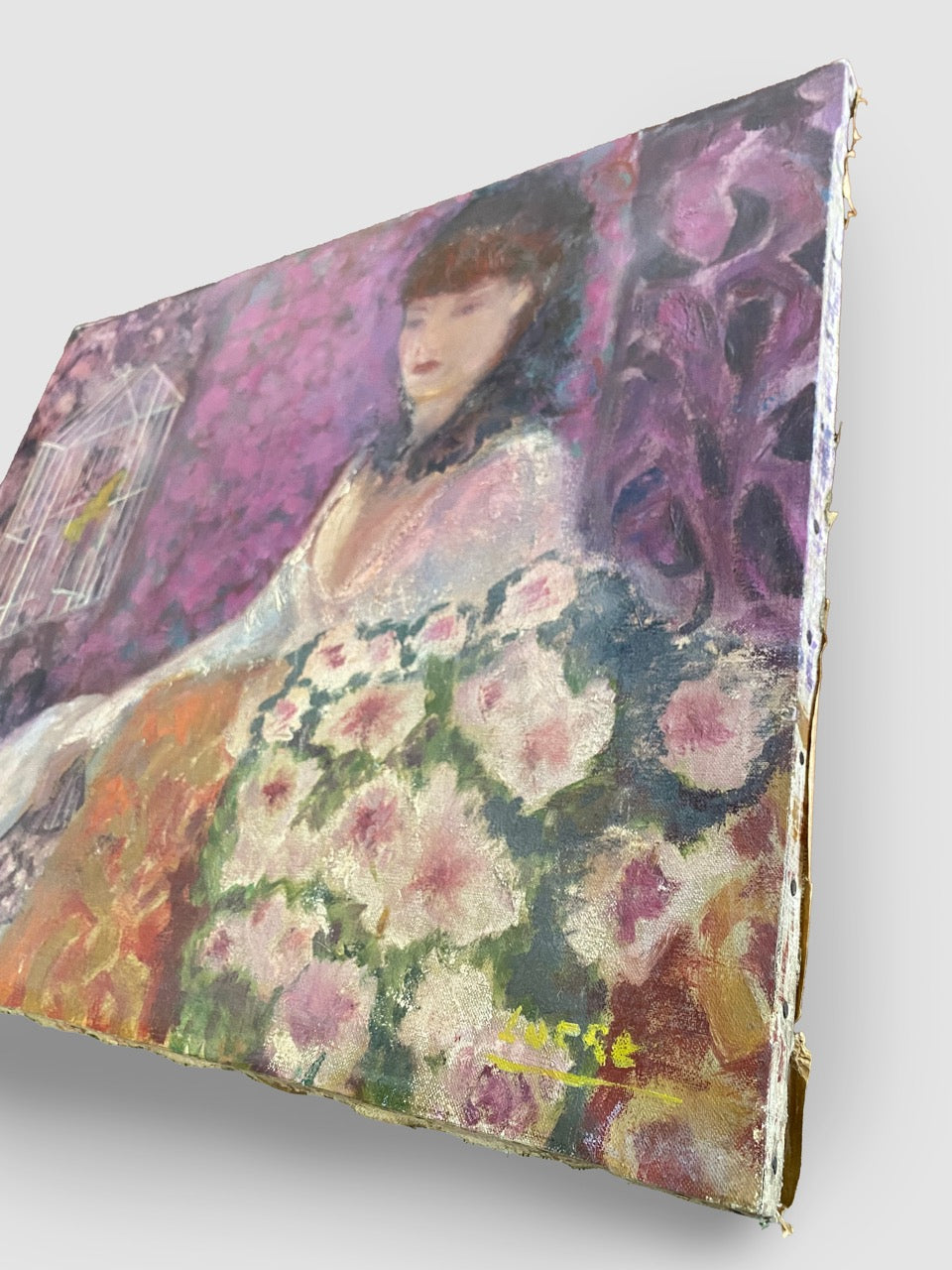 Mid-Century Modernist Oil Painting Woman with Birdcage