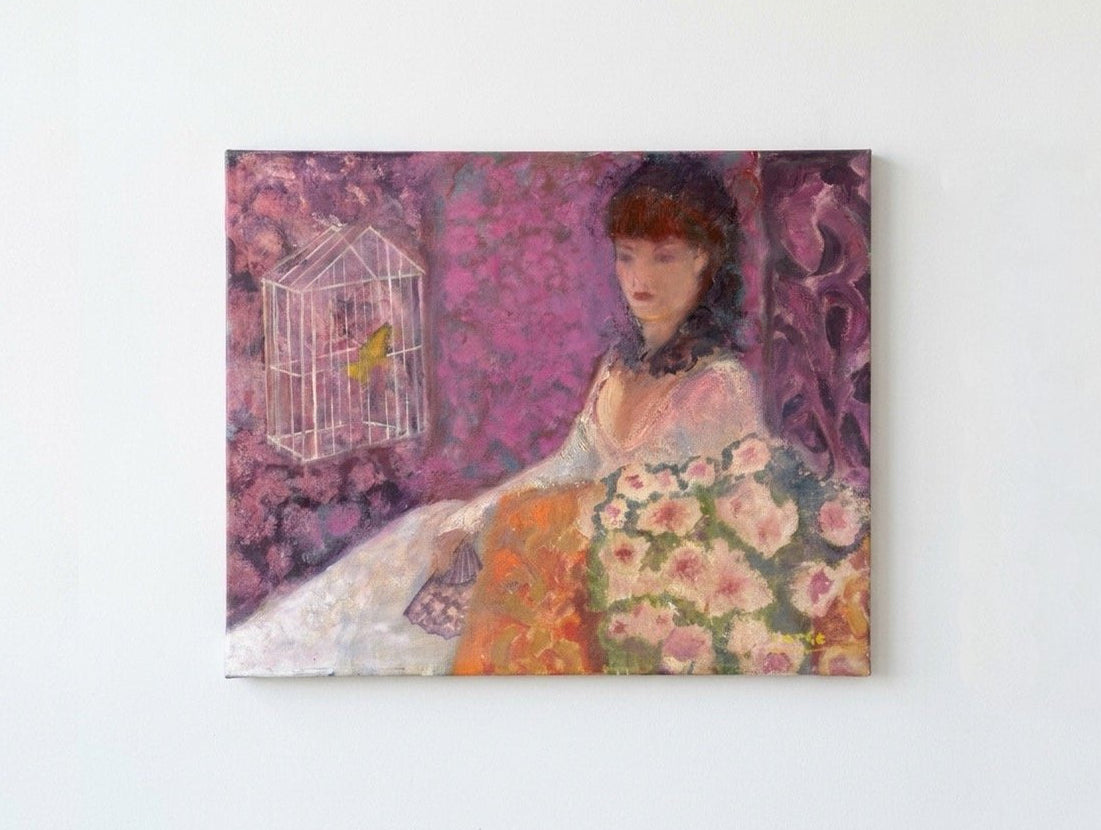 Mid-Century Modernist Oil Painting Woman with Birdcage
