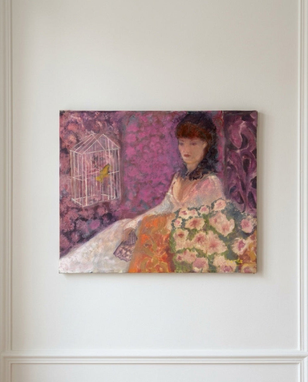 Mid-Century Modernist Oil Painting Woman with Birdcage