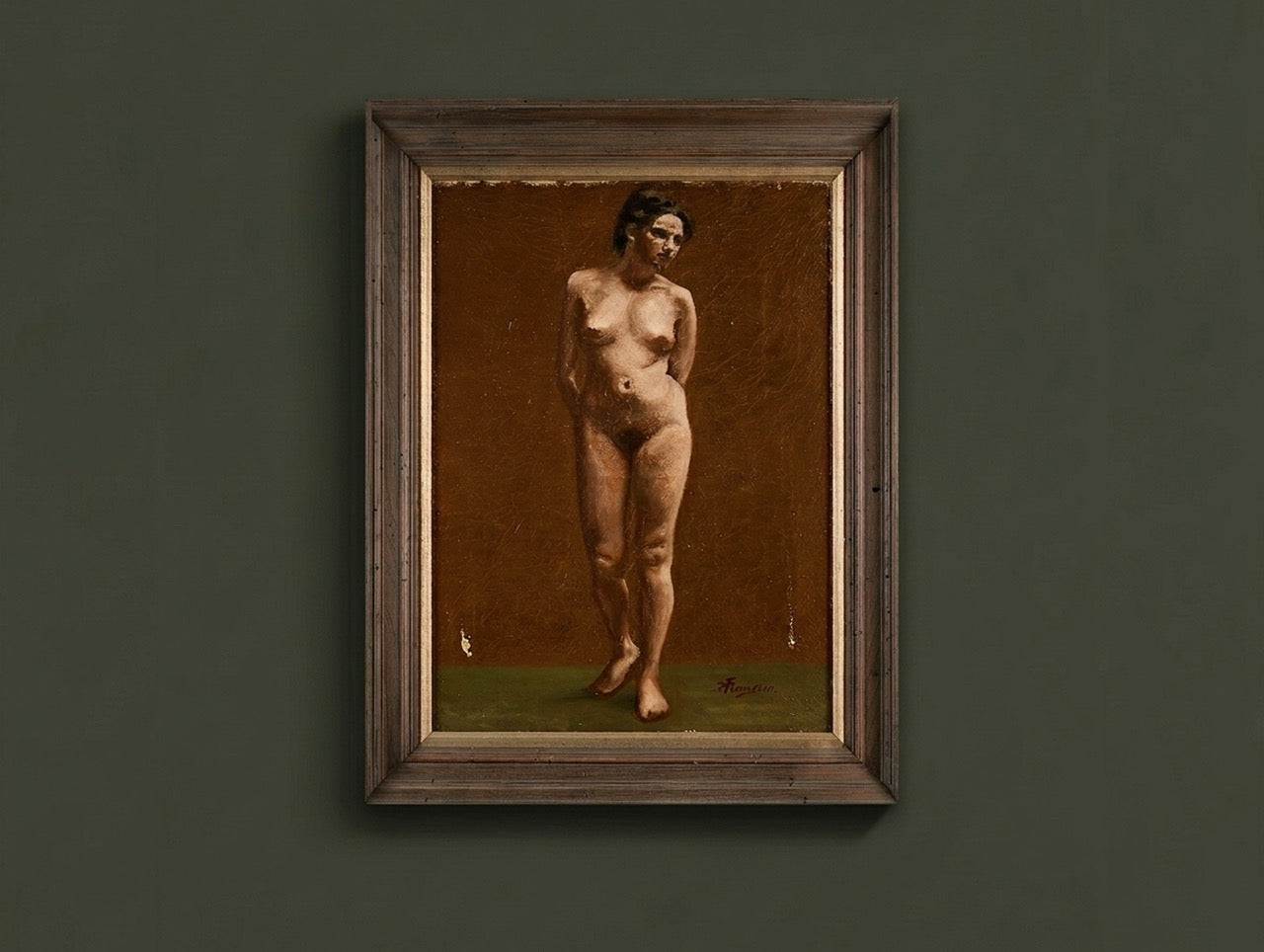 Antique Academic Female Nude Oil Painting Standing Figure Study