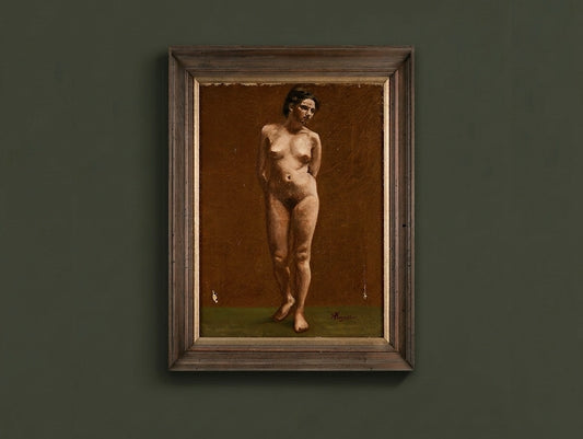 Antique Academic Female Nude Oil Painting Standing Figure Study