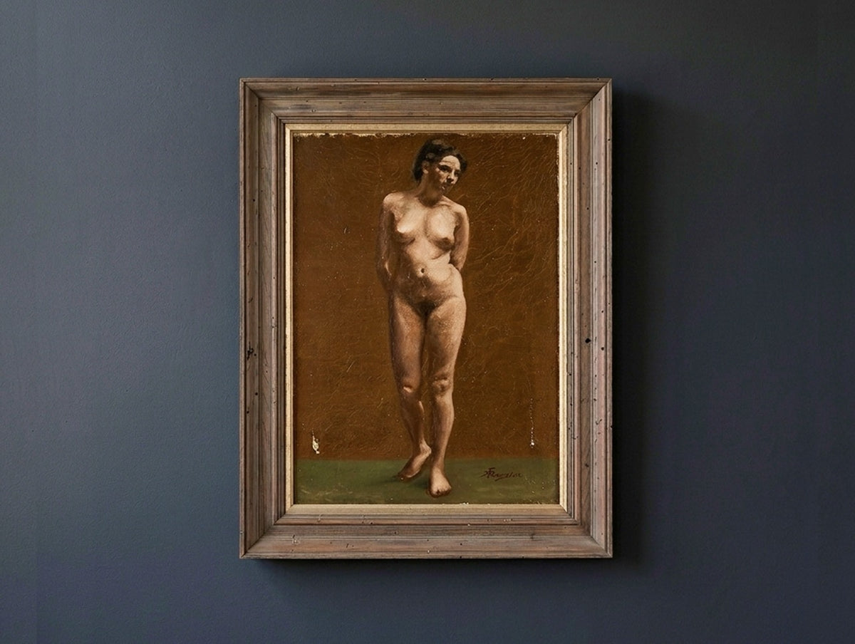 Antique Academic Female Nude Oil Painting Standing Figure Study