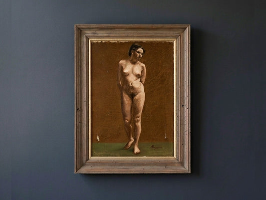 Antique Academic Female Nude Oil Painting Standing Figure Study