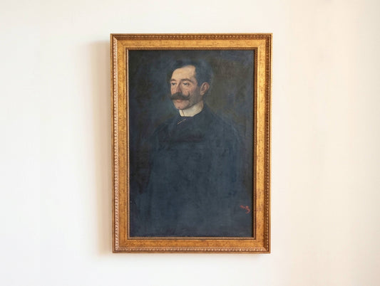 Large Antique French Mustached Gentleman Oil Portrait