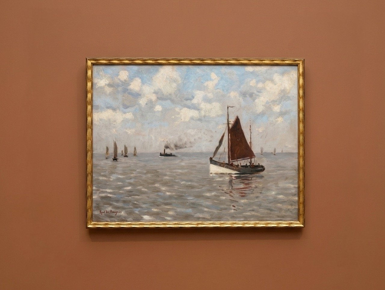 Early 20th Century Impressionist Seascape Oil Painting with Sailboats by Rene de Baugnies