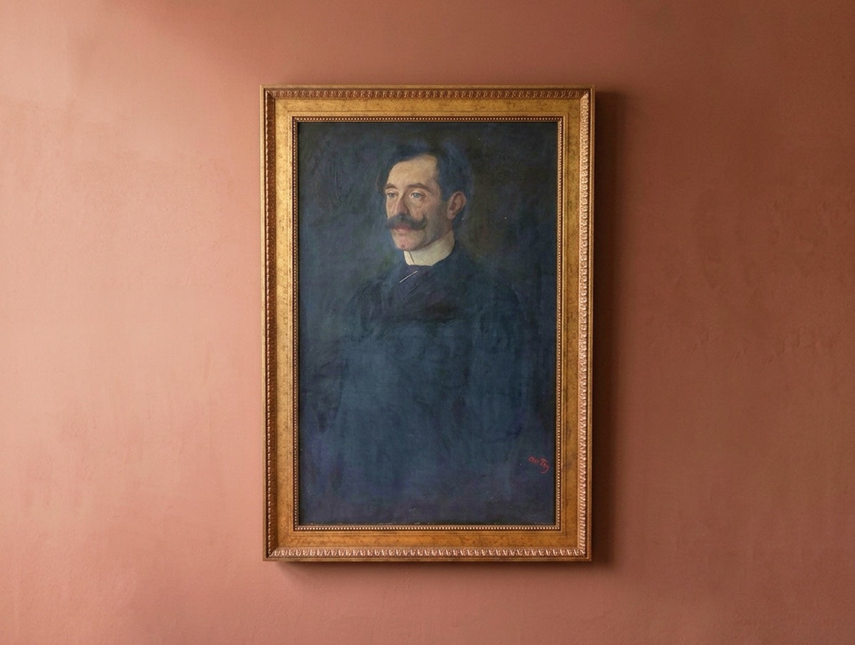 Large Antique French Mustached Gentleman Oil Portrait