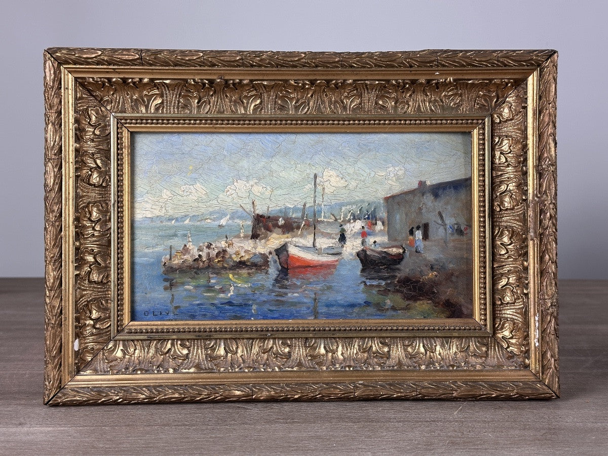 French Antique Post Impressionist Style Harbor Seascape Painting Port of Madrague Marseille