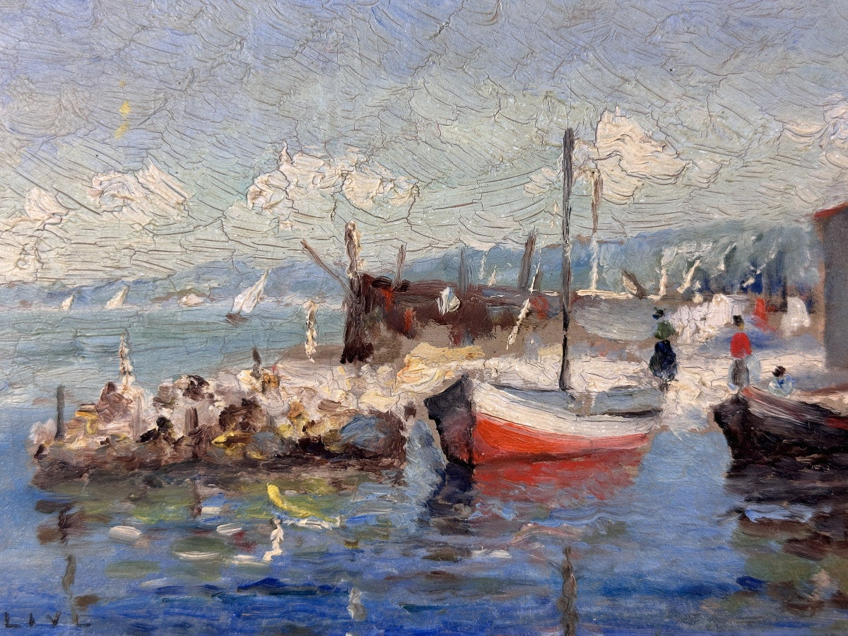 French Antique Post Impressionist Style Harbor Seascape Painting Port of Madrague Marseille