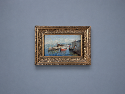 French Antique Post Impressionist Style Harbor Seascape Painting Port of Madrague Marseille