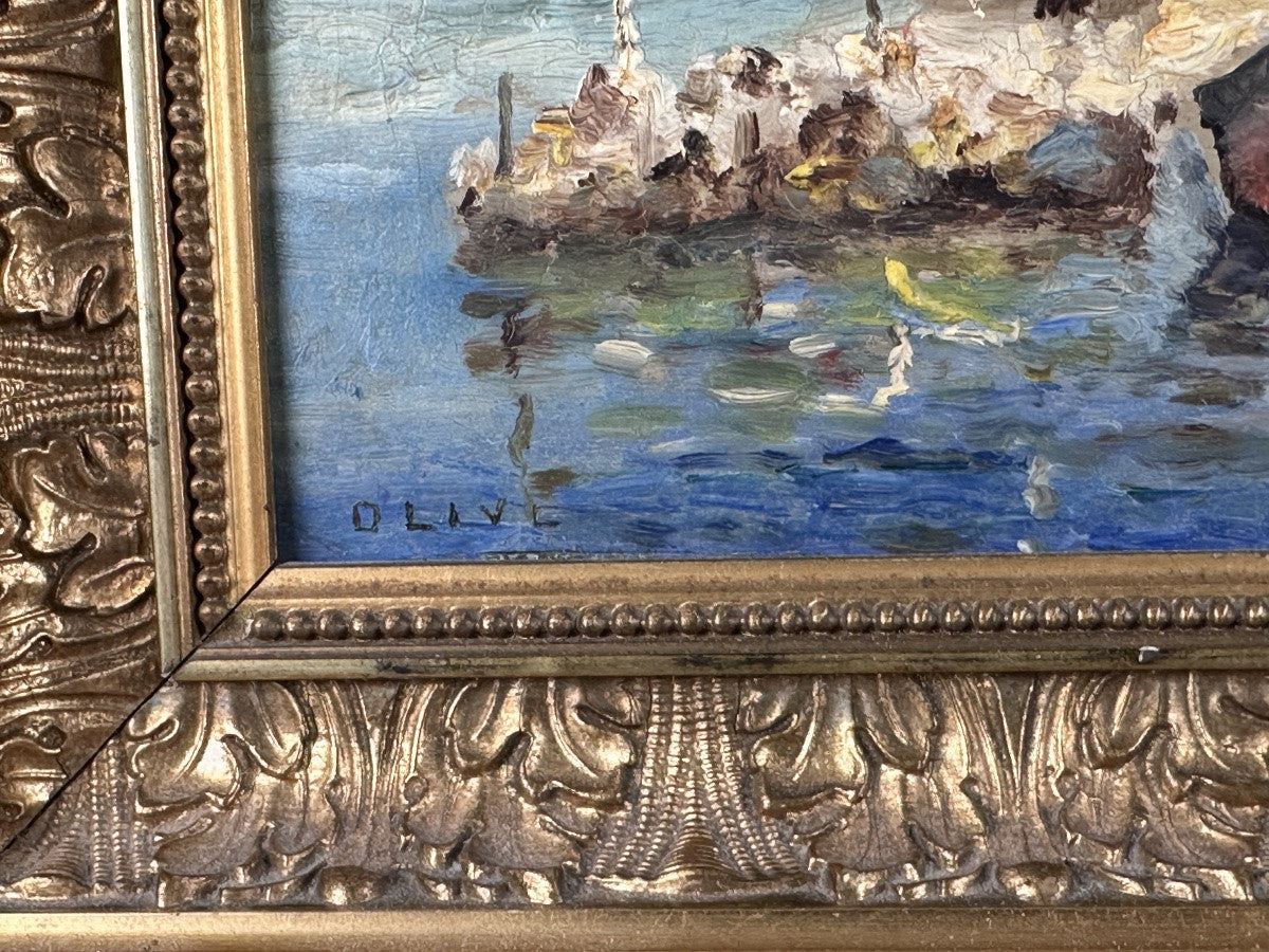 French Antique Post Impressionist Style Harbor Seascape Painting Port of Madrague Marseille