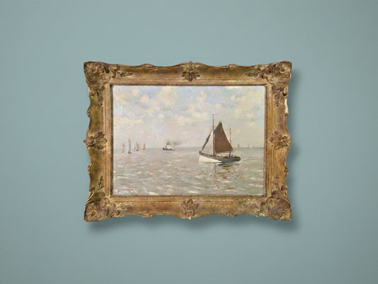 Large Vintage Seascape Oil Painting with Sailboats by René de Baugnies in Ornate Gilt Frame