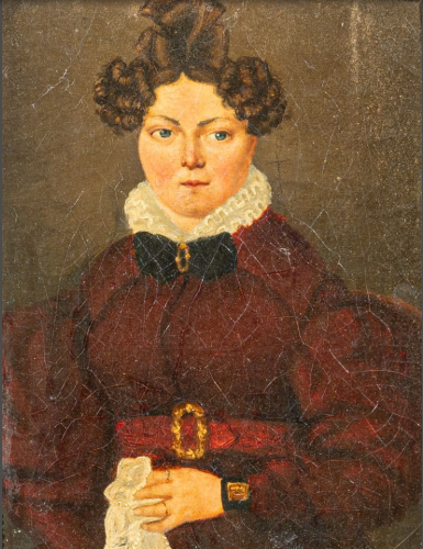 Antique 19th Century French Oil Portrait of a Woman in Garnet