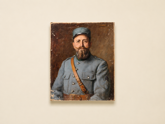 Antique French WWI Sergeant Portrait Oil Painting by Augustin Demizel, Pupil of Léon Bonnat Who Also Taught John Singer Sargent, Henri de Toulouse-Lautrec, Edvard Munch, Georges Braque, Gustave Caillebotte,  Raoul Dufy and Thomas Eakins