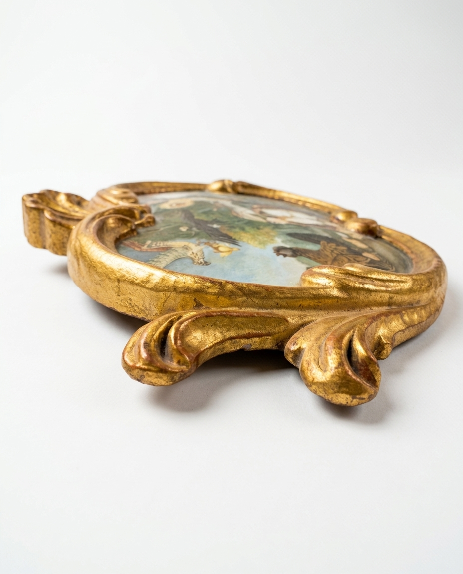 Antique 19th Century Bird Oil Painting Peacock and Poultry in Ornate Gilt Cornucopia Frame