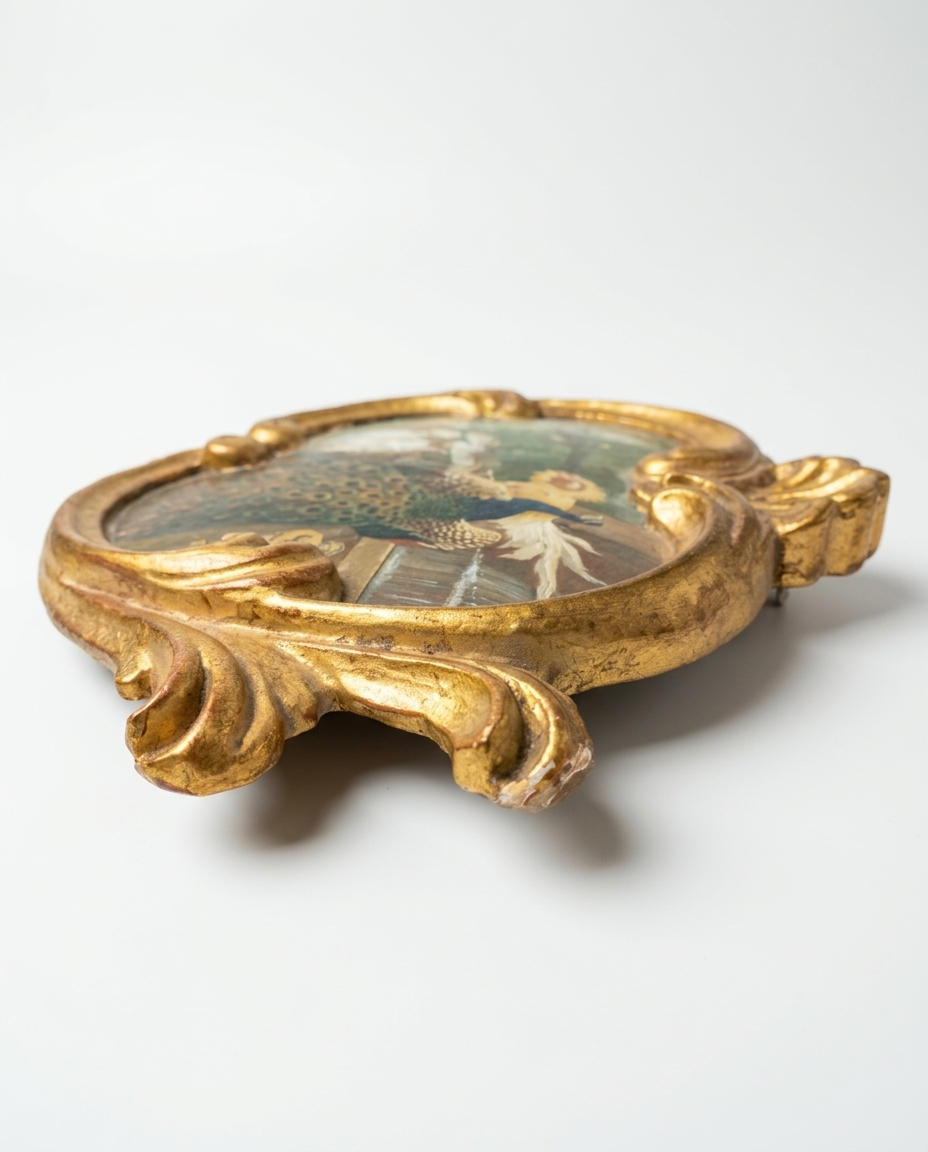 Antique 19th Century Bird Oil Painting Peacock and Poultry in Ornate Gilt Cornucopia Frame