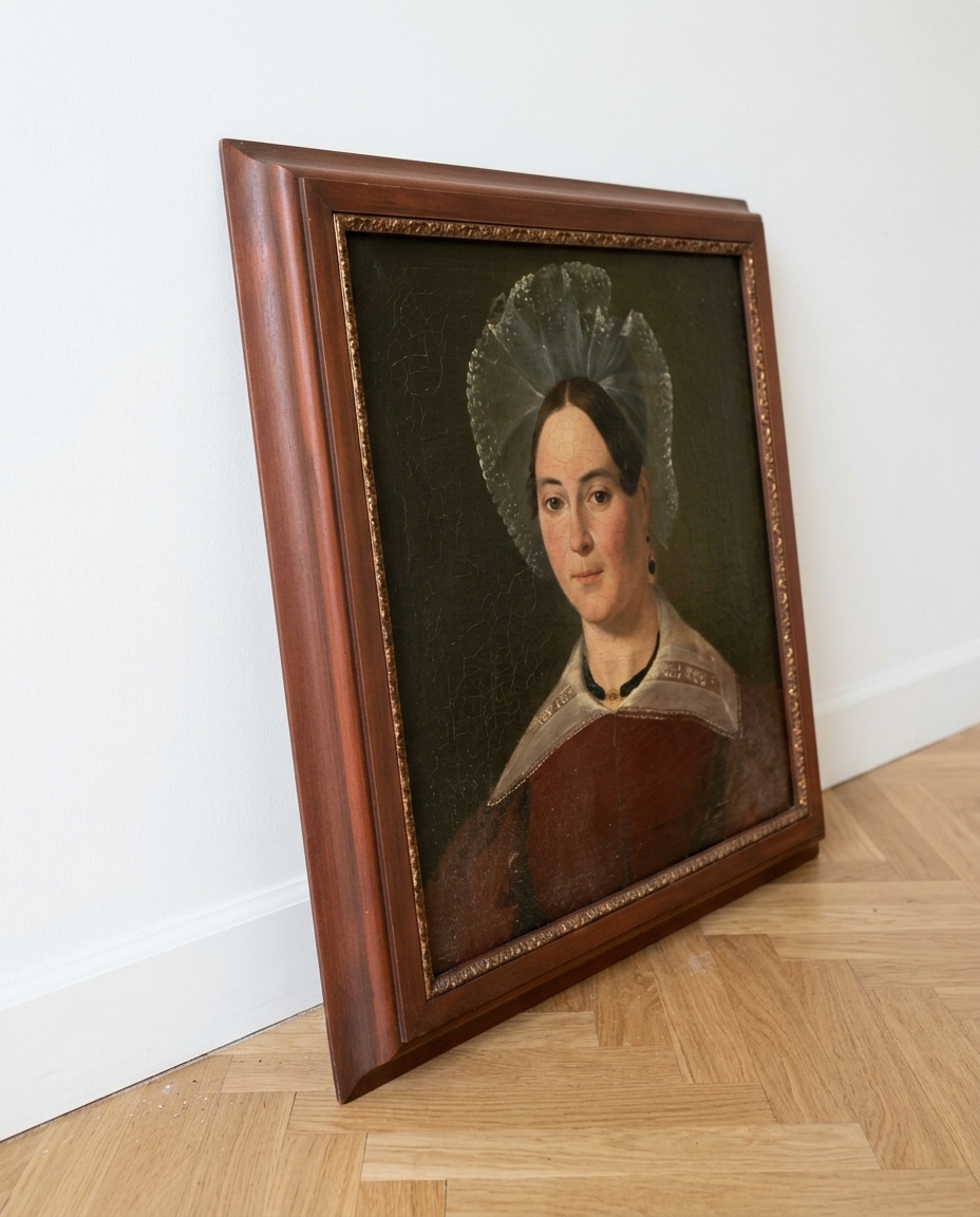 Antique 19th Century French Female Portrait with a Lace Cap