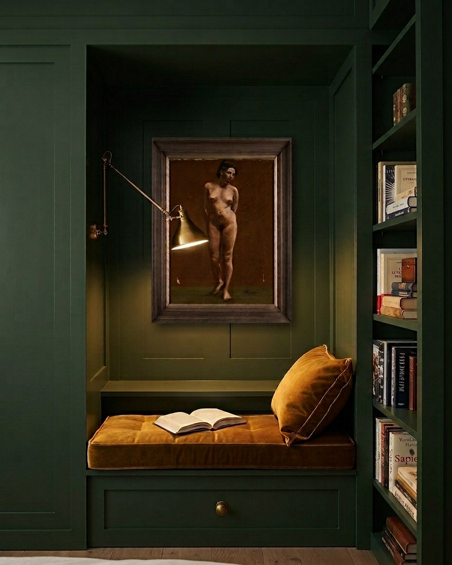 Antique Academic Female Nude Oil Painting Standing Figure Study