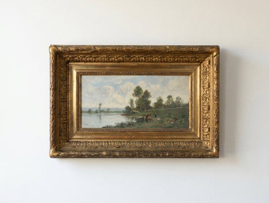 Antique 19th Century French Oil Landscape Painting Cow Drinking by the River Original Gilded Frame