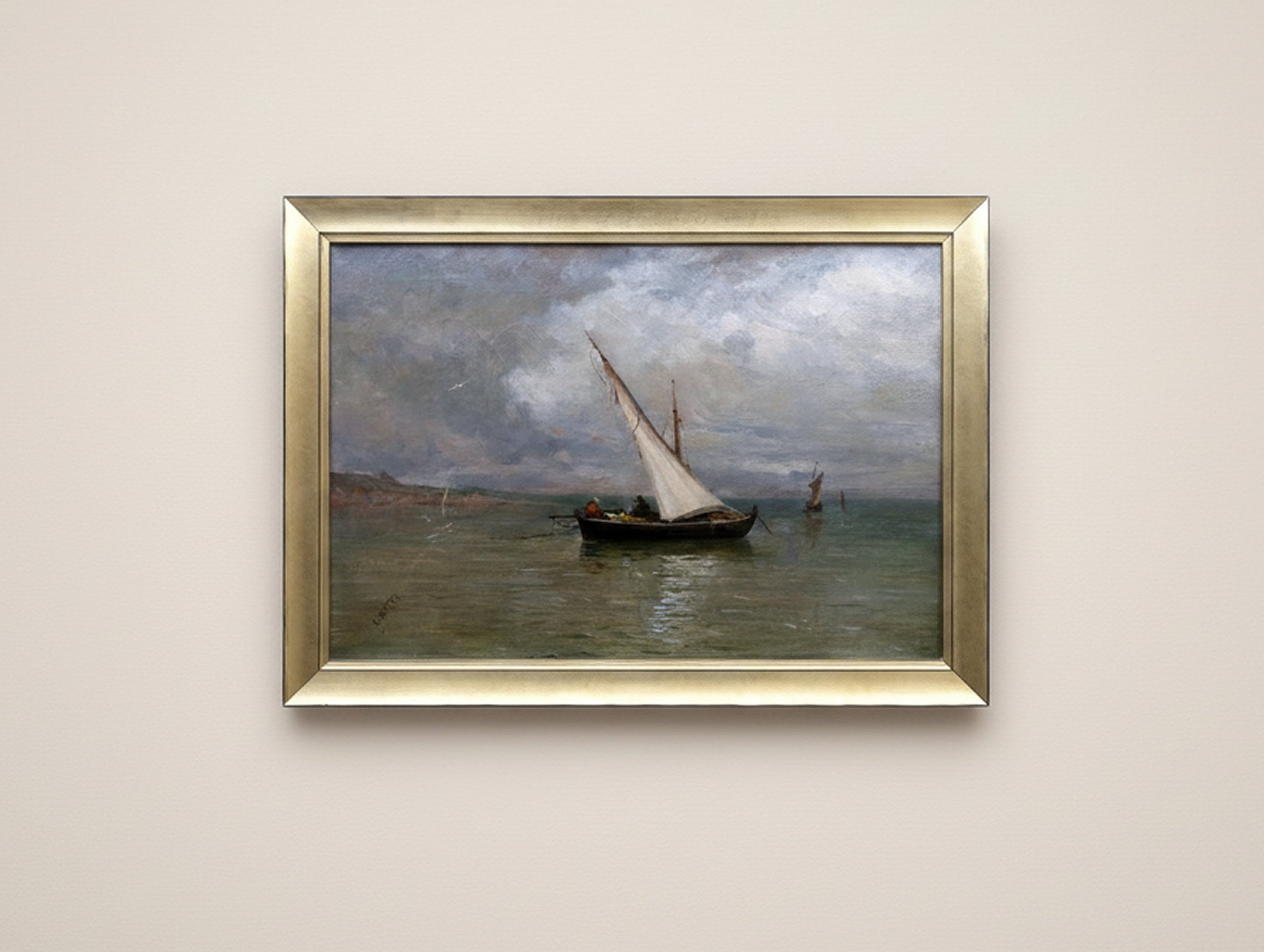 Antique 19th Century French Mediterranean Seascape Oil Painting with a fishing boat and two fishermen