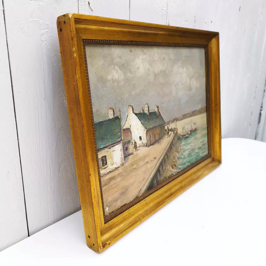 Vintage Oil Painting of a French Fisherman’s Village