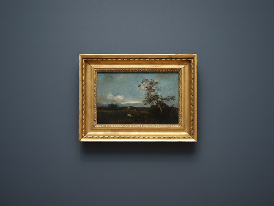 Antique 19th Century French School Landscape Painting Cows in Meadow Moody Tonal Sky Gilt Frame