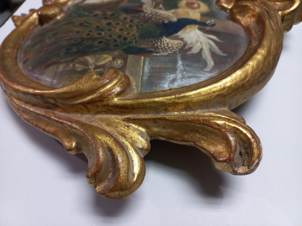 Antique 19th Century Bird Oil Painting Peacock and Poultry in Ornate Gilt Cornucopia Frame