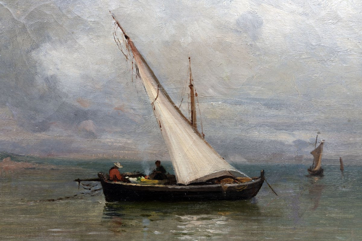 Antique 19th Century French Mediterranean Seascape with Fishing Boat