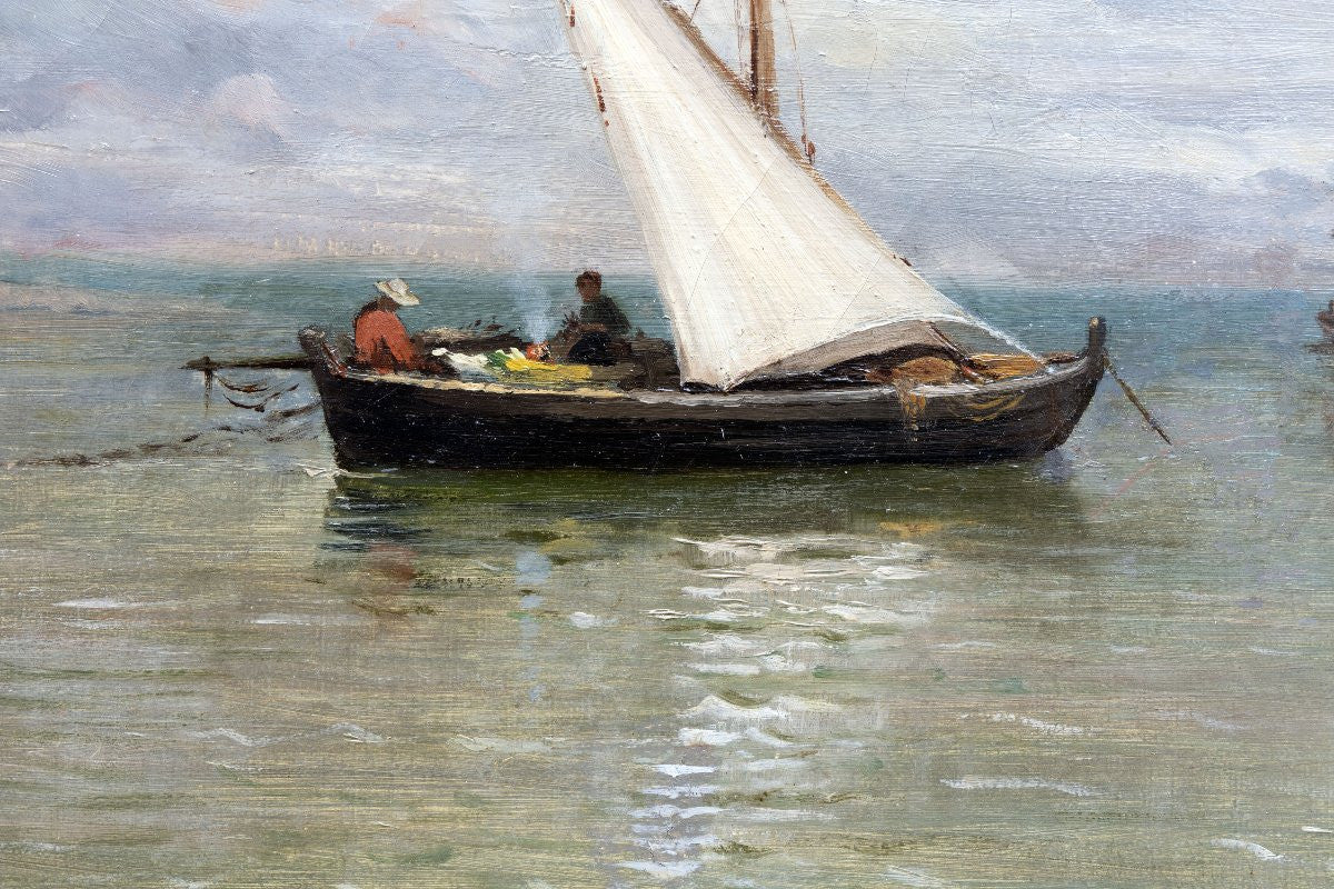Antique 19th Century French Mediterranean Seascape with Fishing Boat
