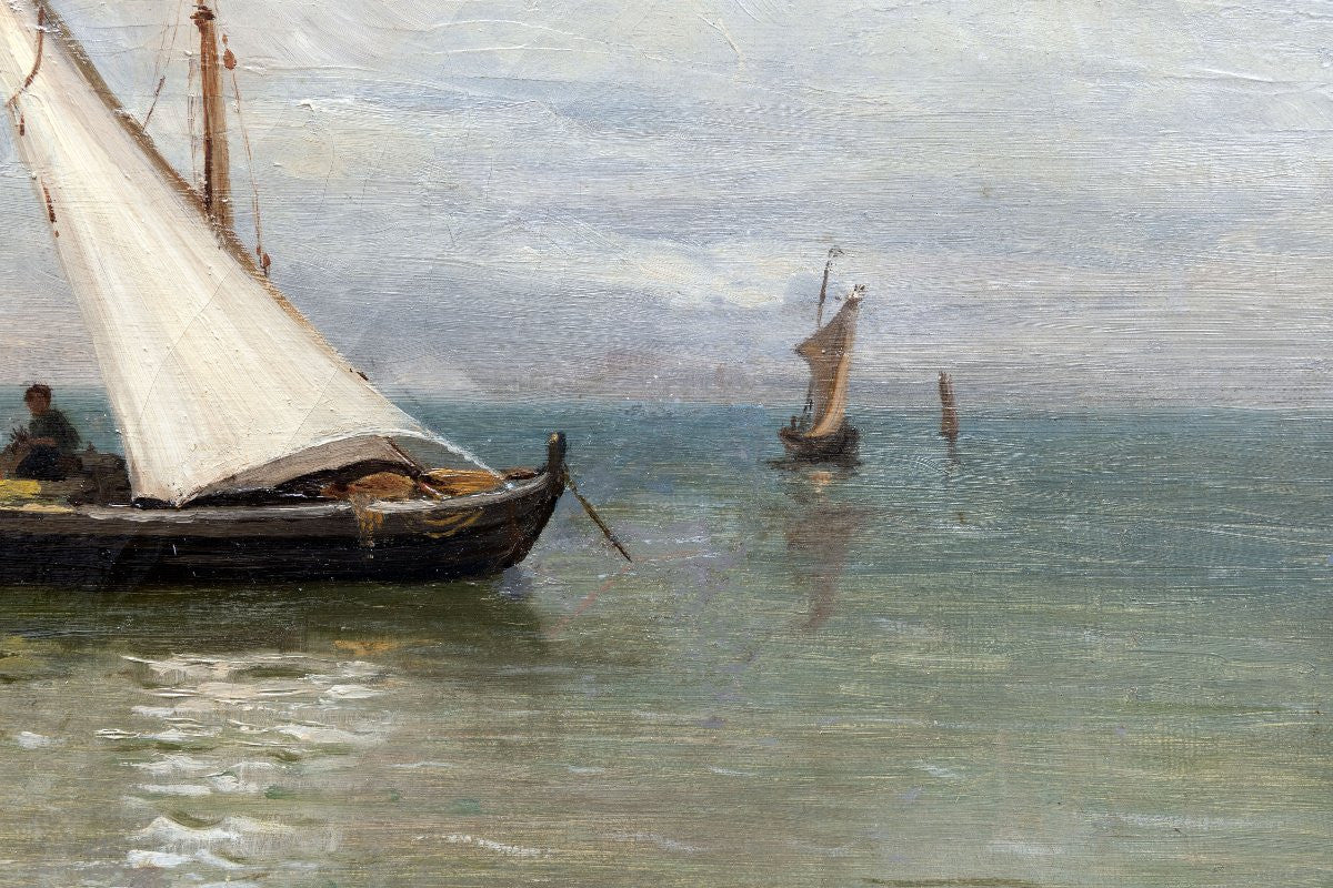Antique 19th Century French Mediterranean Seascape with Fishing Boat