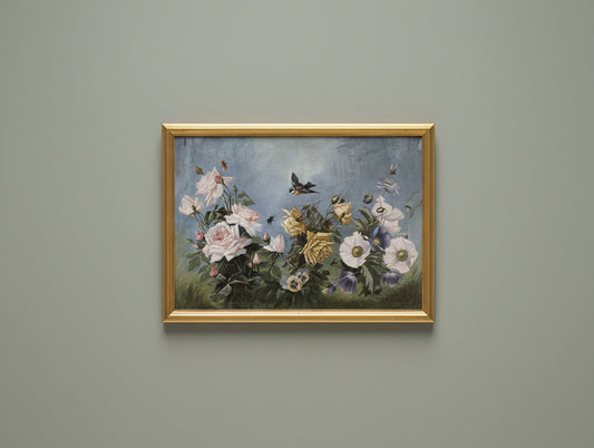Large French Floral Still Life with Bird Butterflies and Bees