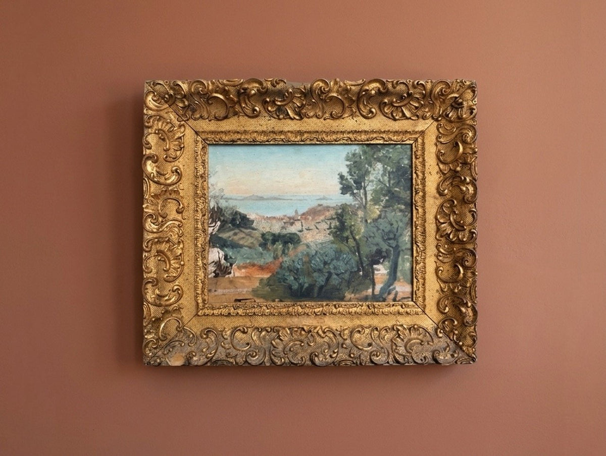 French Seaside Village Landscape with Ornate Gilt Frame