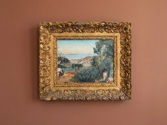 French Seaside Village Landscape with Ornate Gilt Frame