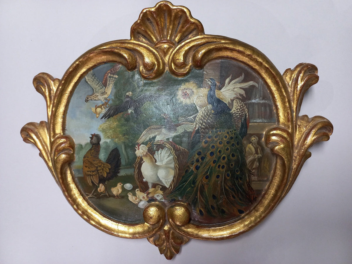 Antique 19th Century Bird Oil Painting Peacock and Poultry in Ornate Gilt Cornucopia Frame
