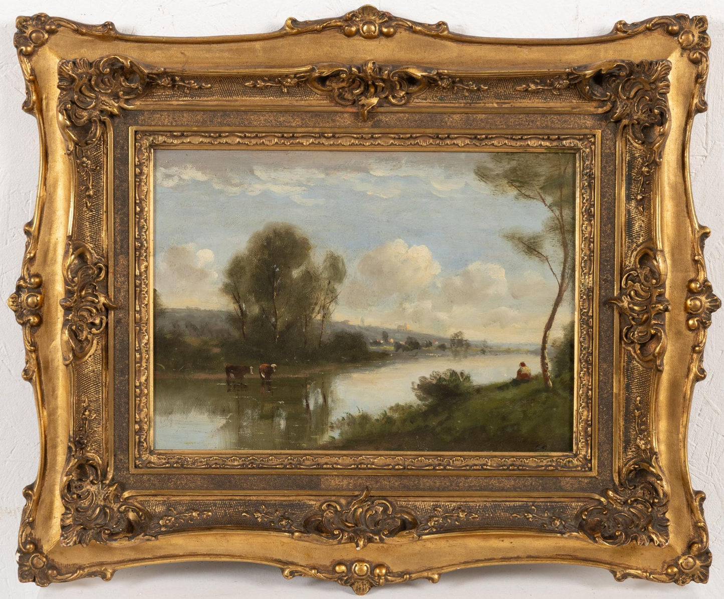 Antique 19th Century French River Landscape Oil Painting by a Follower of Corot in Ornate Gilt Frame