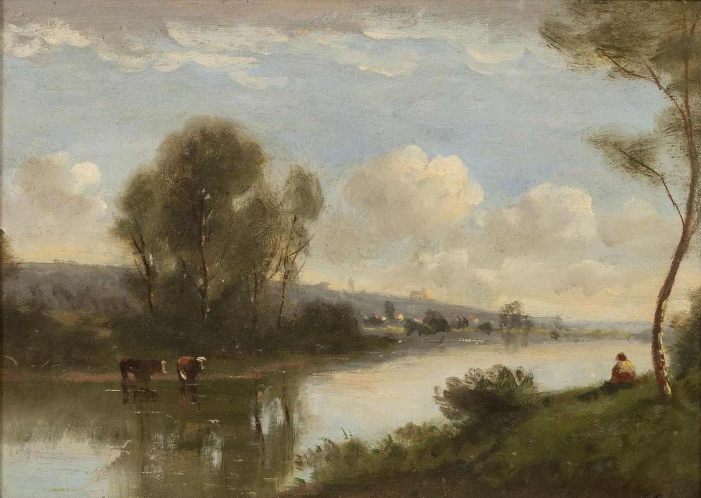Antique 19th Century French River Landscape Oil Painting by a Follower of Corot in Ornate Gilt Frame