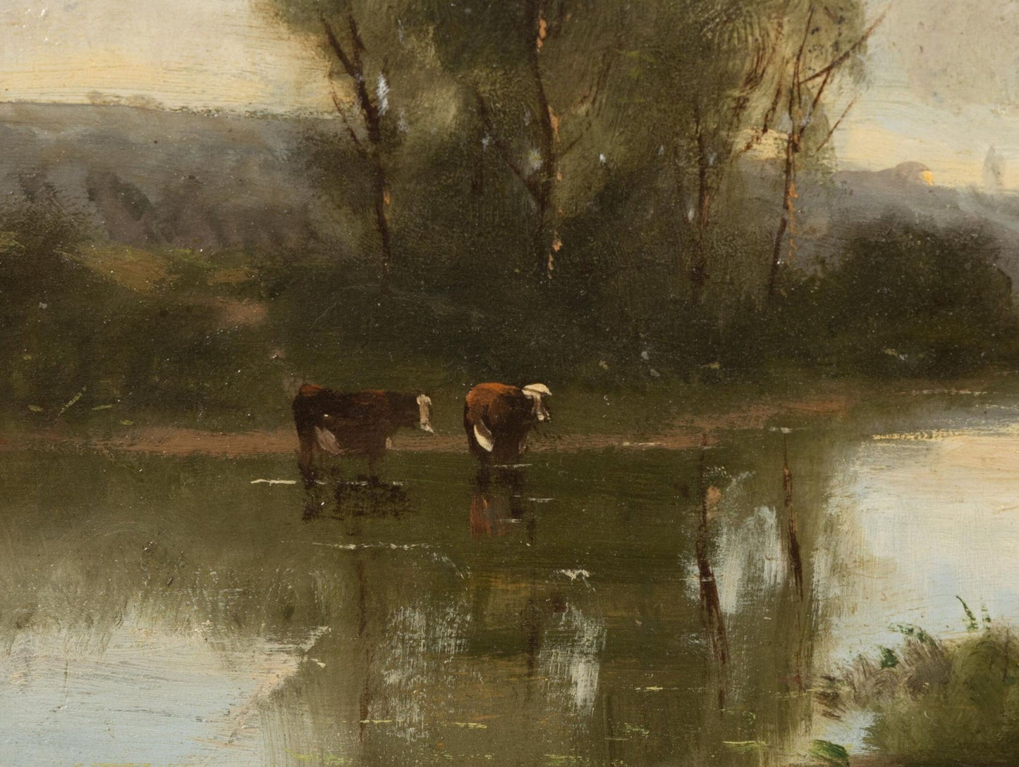 Antique 19th Century French River Landscape Oil Painting by a Follower of Corot in Ornate Gilt Frame