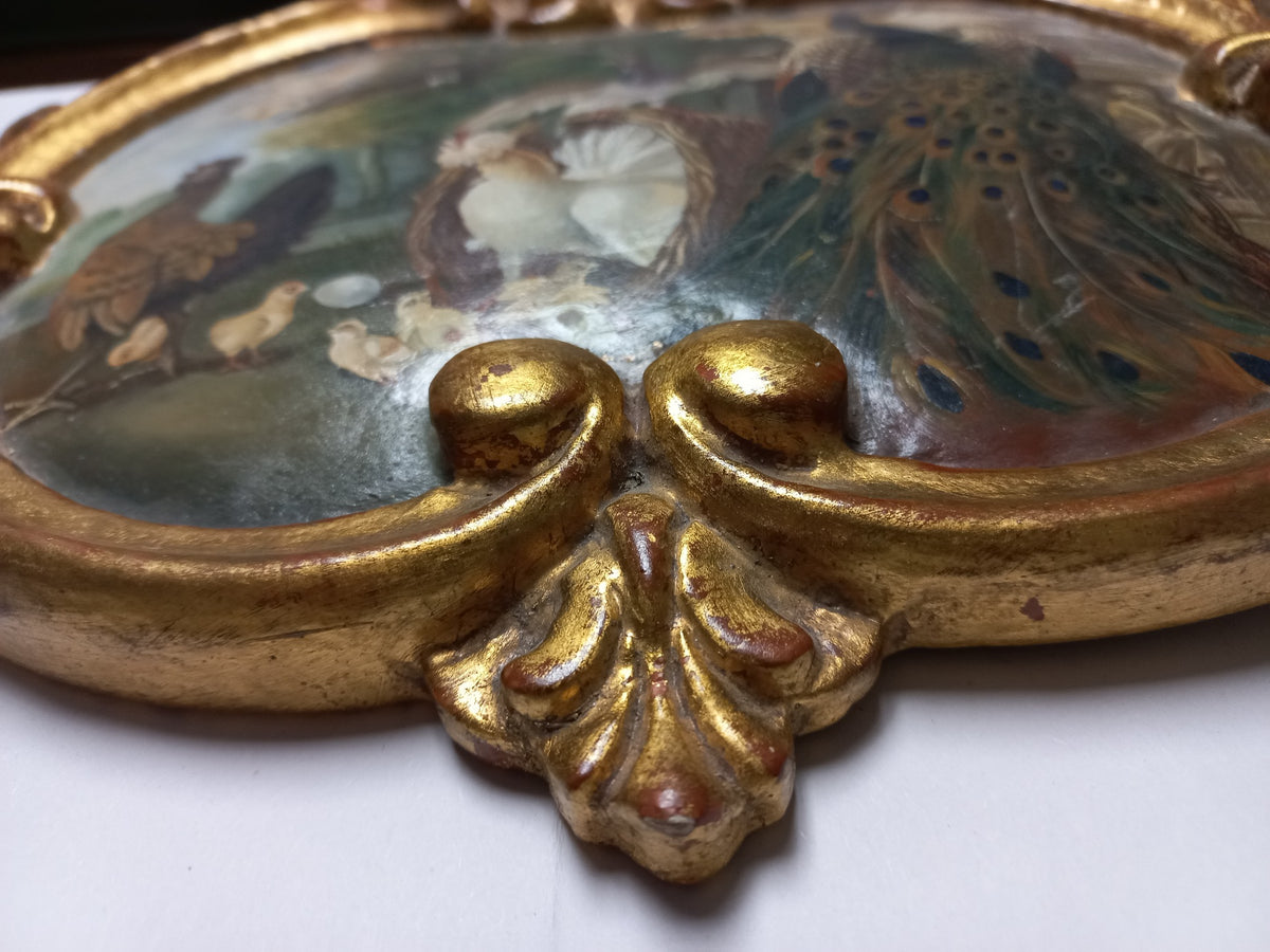 Antique 19th Century Bird Oil Painting Peacock and Poultry in Ornate Gilt Cornucopia Frame