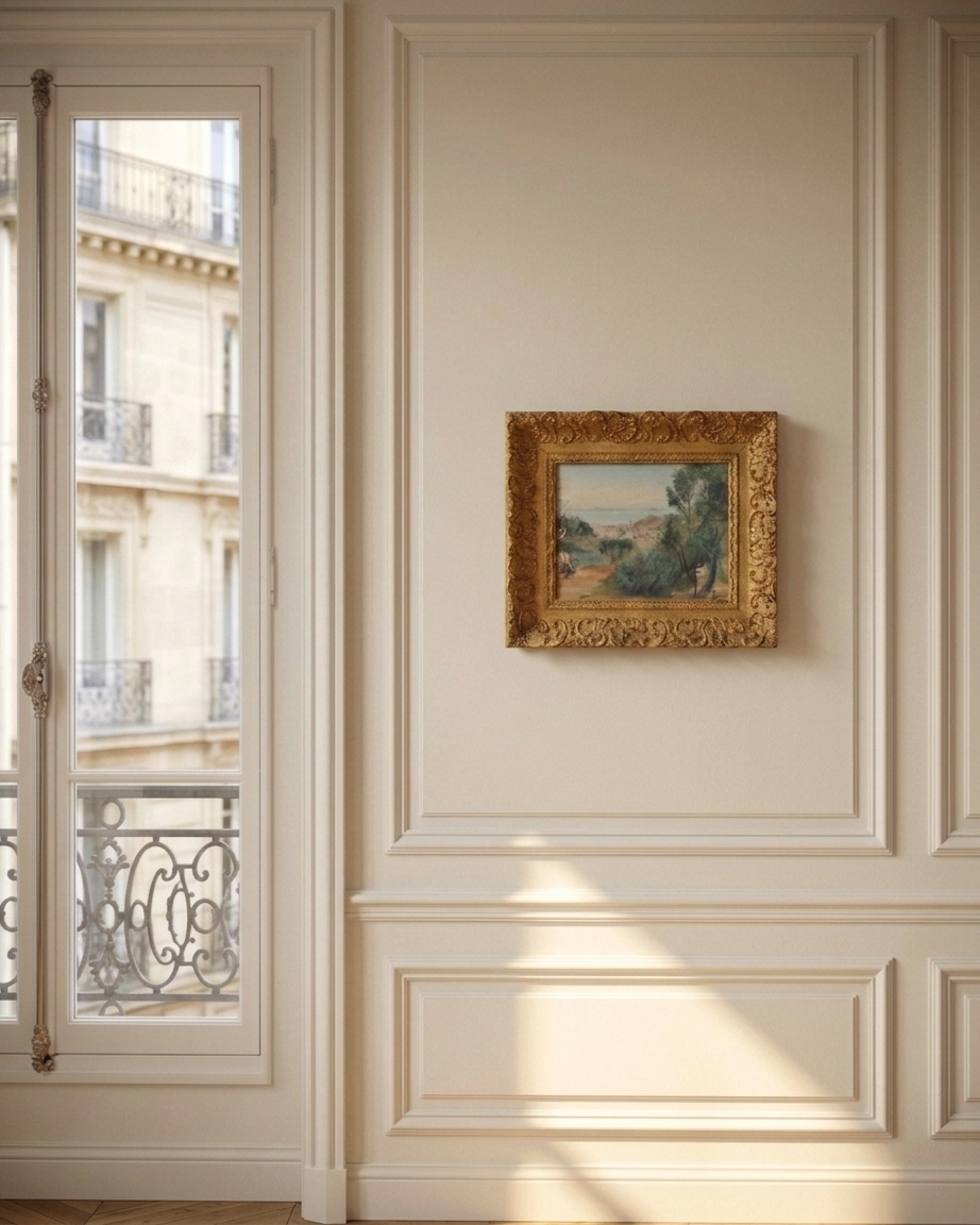French Seaside Village Landscape with Ornate Gilt Frame