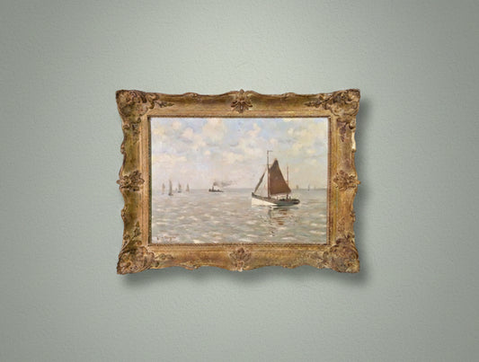 Large Vintage Seascape Oil Painting with Sailboats by René de Baugnies in Ornate Gilt Frame