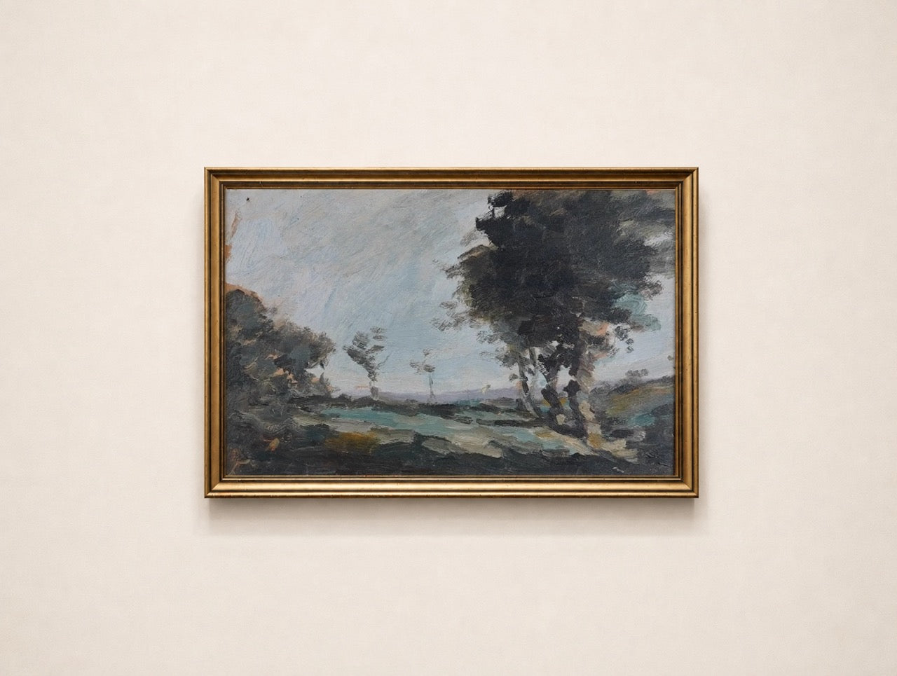French Landscape Oil Painting attributed to Eugene Brouillard, wind-shaped trees against a blue-grey sky