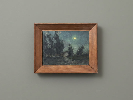French Nocturne Moonlit Woodland Landscape Oil Painting (1927)