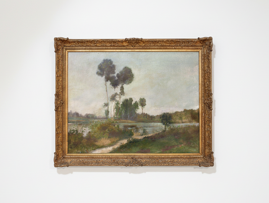 Antique 19th Century French Landscape Oil Painting in Ornate Gilt Stucco Frame