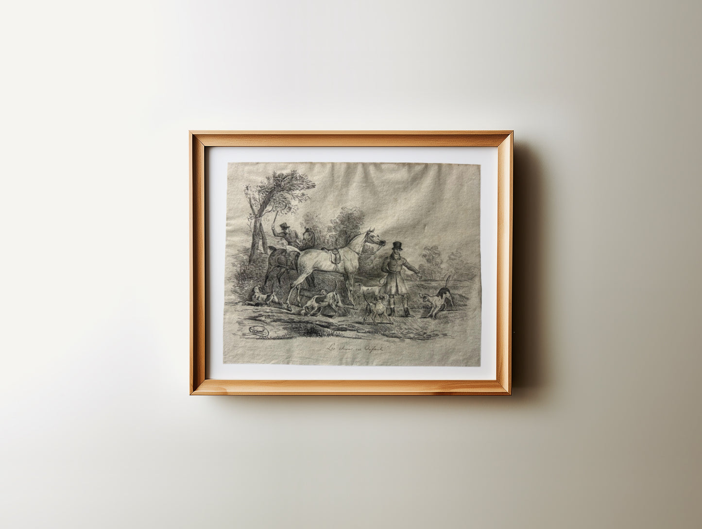 Antique French Pencil Drawing 19th-Century Hunting Scene