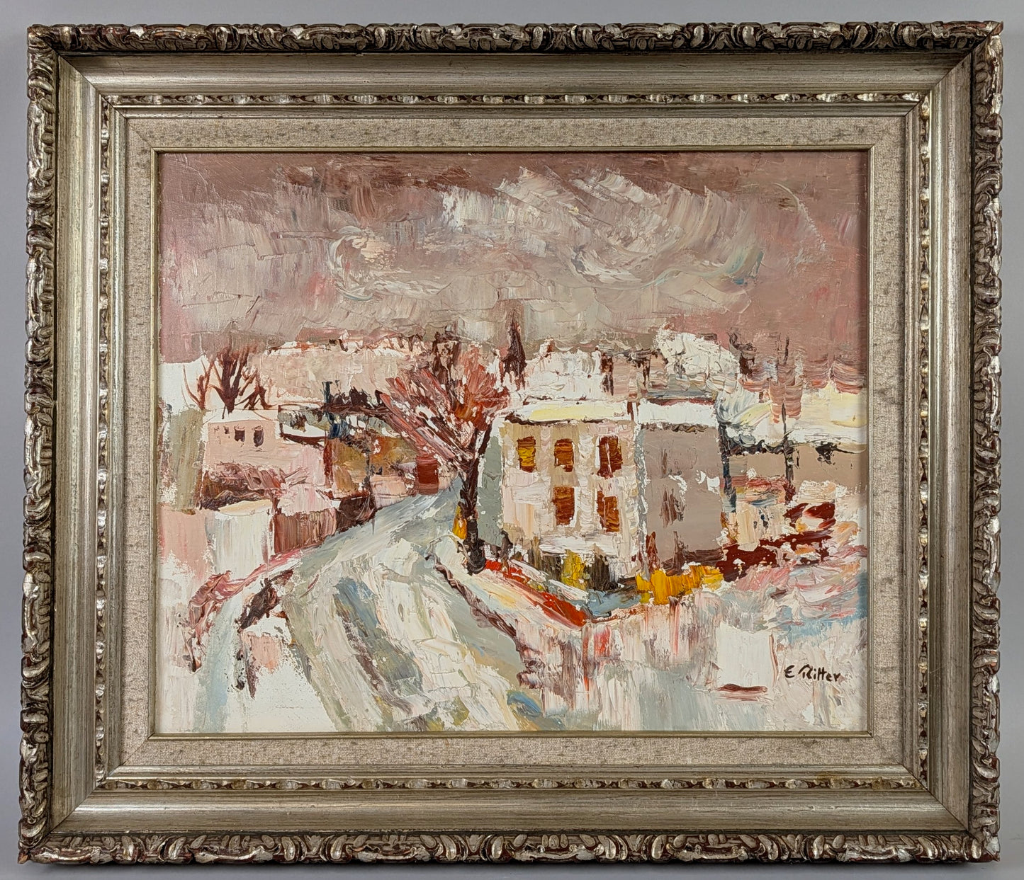 Pink French Village Oil Painting by Étienne Ritter